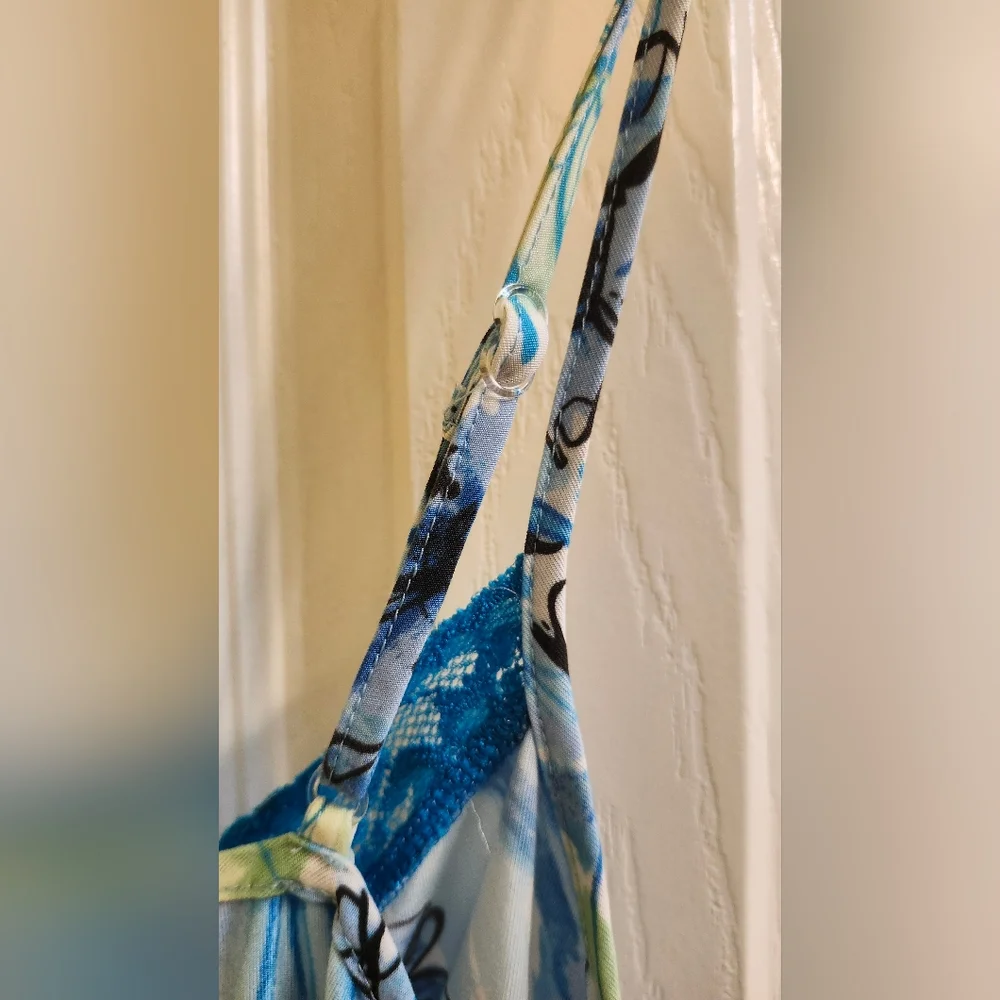 Floral Slip Dress Chemise Nightgown Aqua Blue Lace Trim Size Large
